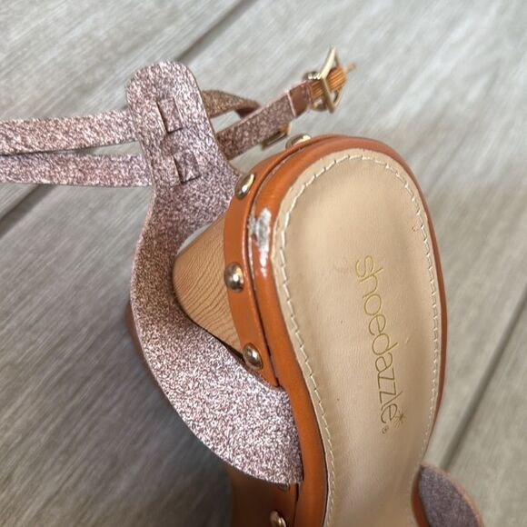 ShoeDazzle Graceann Studded Platform Sandals 7 Tan Brown Block Heel - Picture 4 of 11